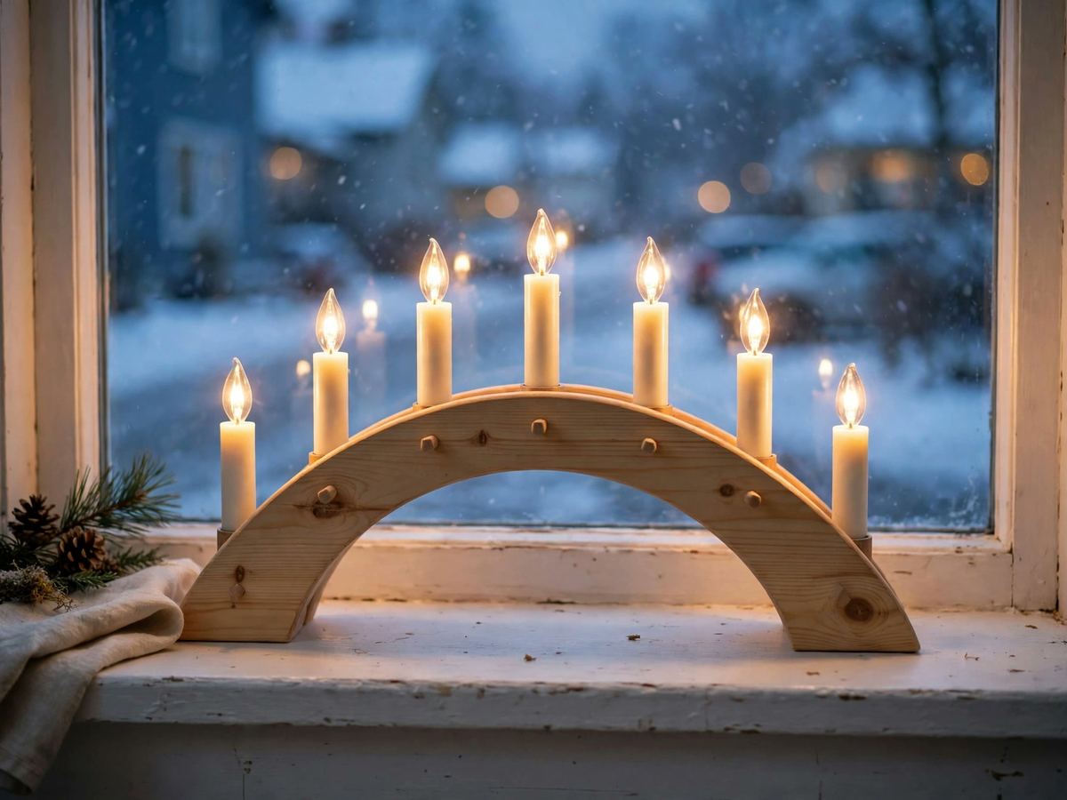 Wooden candle bridge with electric candles on a windowsill at dusk