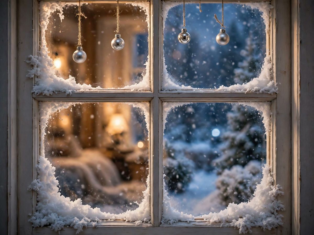 Window panes with frosted snow-spray corners and silver baubles