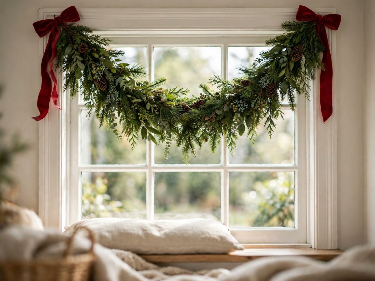 Evergreen garland swag with red bows across the top of a window