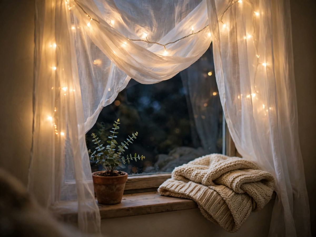 Warm white fairy lights glowing behind a sheer white curtain on a cozy window