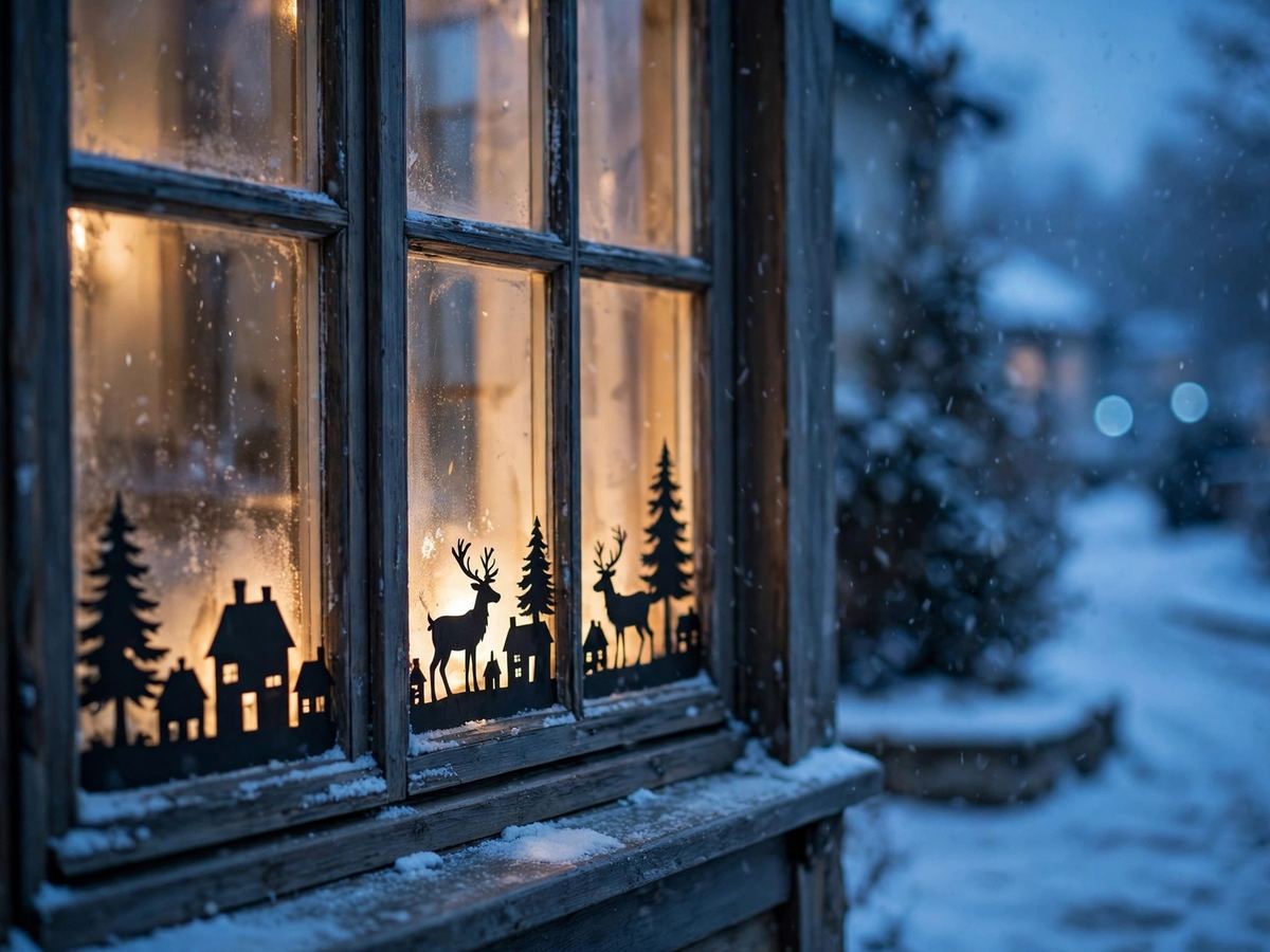 Window with black paper silhouettes of reindeer, trees and houses, seen from a snowy street