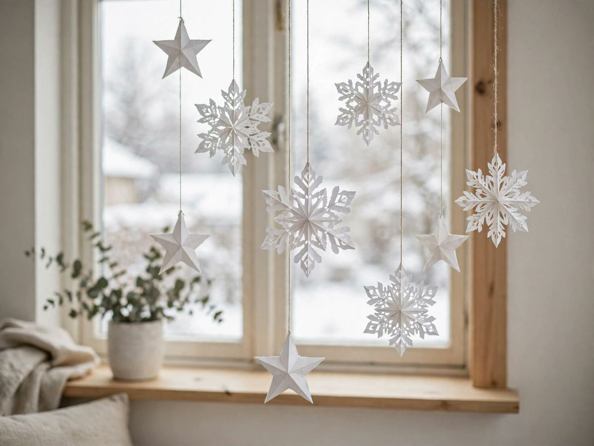 Paper snowflakes and stars hanging on strings in a bright window