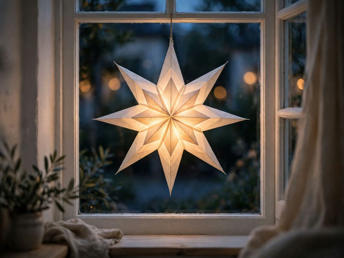 White paper star lantern glowing in a window