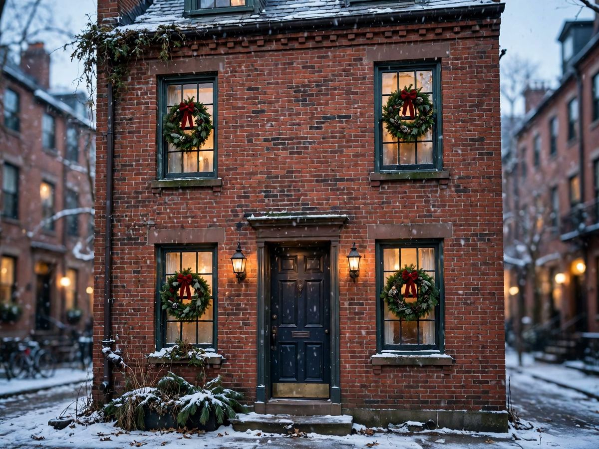 Brick townhouse with a wreath in each front window